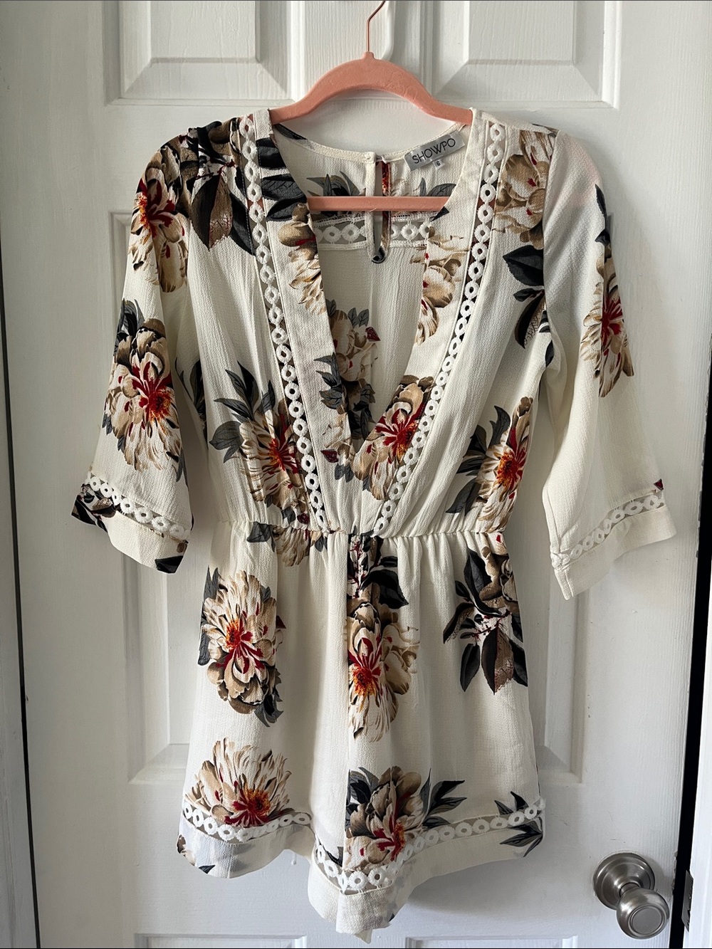 Showpo Cream Floral V-Neck Lace-Trim Romper
